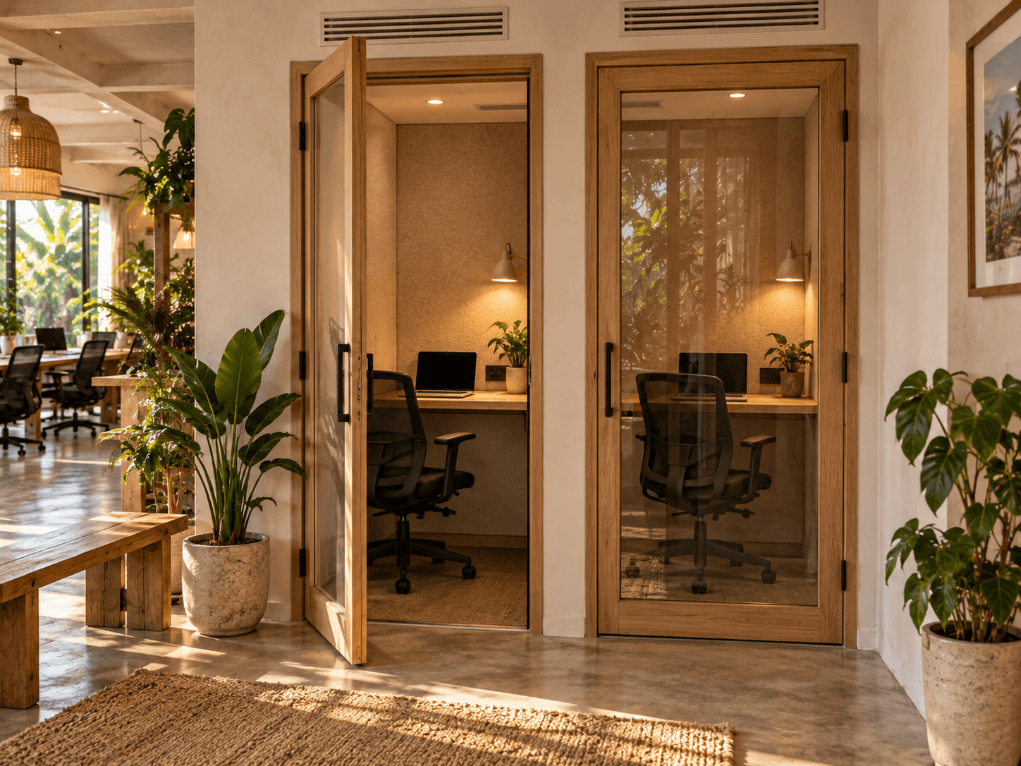 Individual call booth concept with closed glass doors, separate desks and chairs