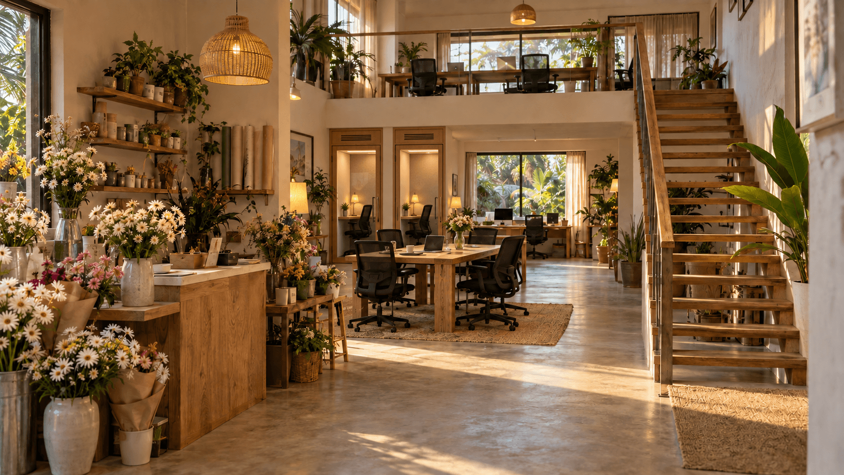 Daisy Work interior concept: flowers, wooden desks, plants and stairs to the working loft